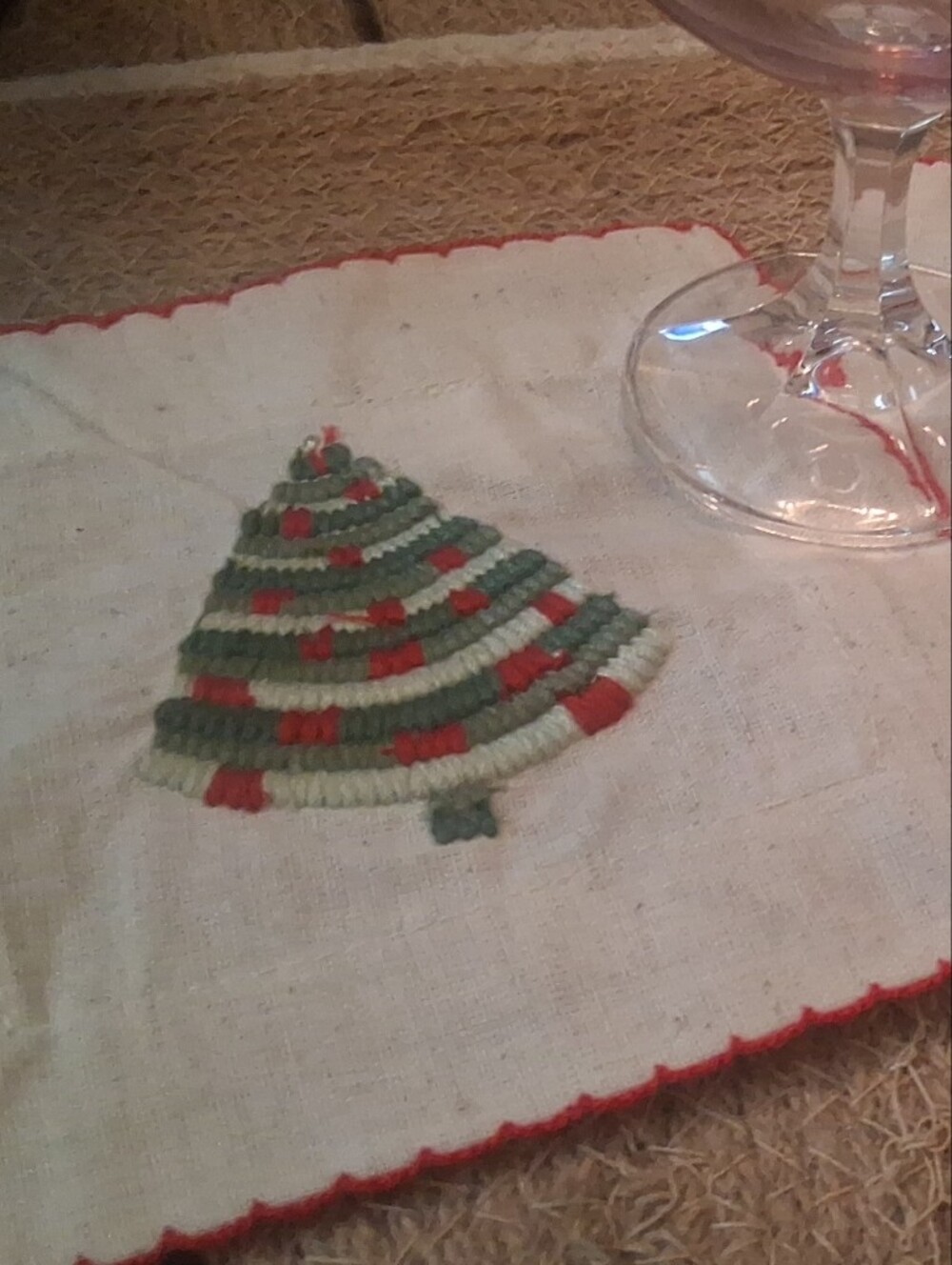 Embroidered Christmas Tree Linen Coasters - Green & Red